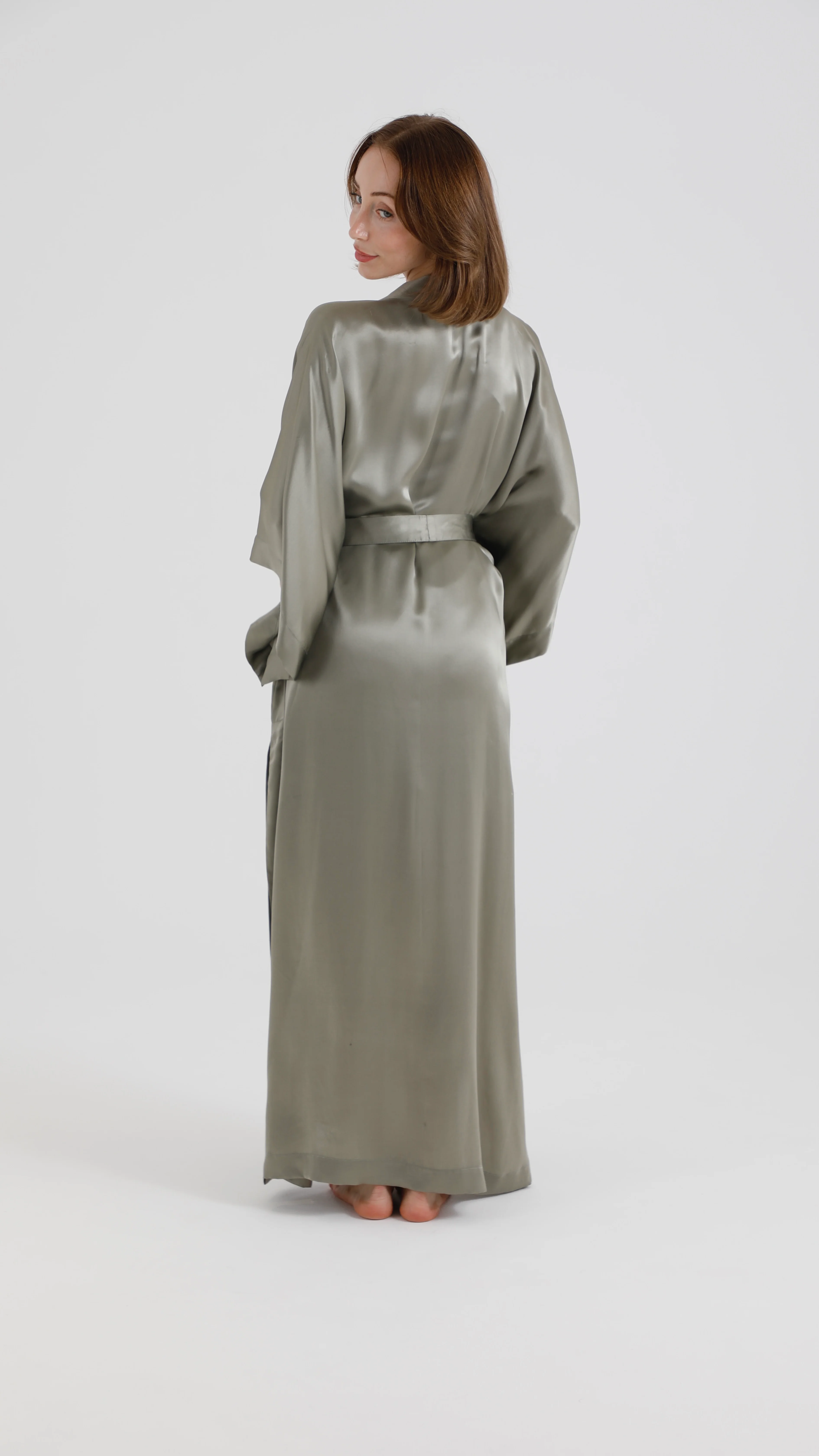 Silk Kimono – Olive Green - Image 3